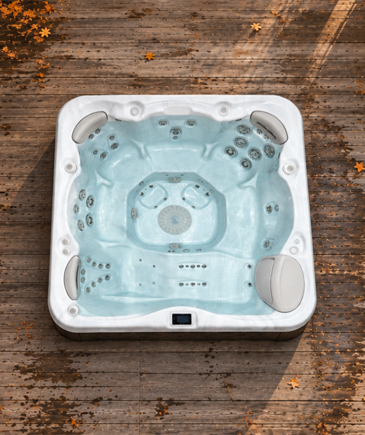 Höstlig träterrass med Platinum-spa 779